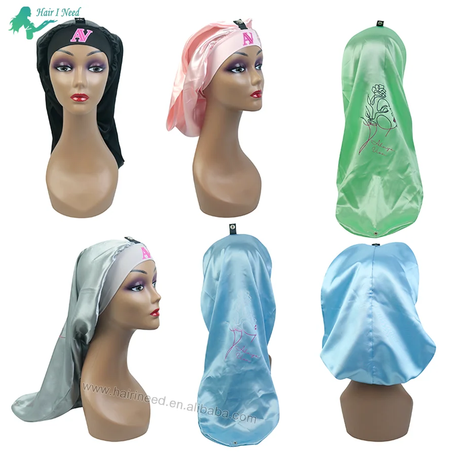 Private Label Braid Bonnets Custom Satin Long Bonnet With Snap Button Adjustable Extra Long Satin Hair Bonnet