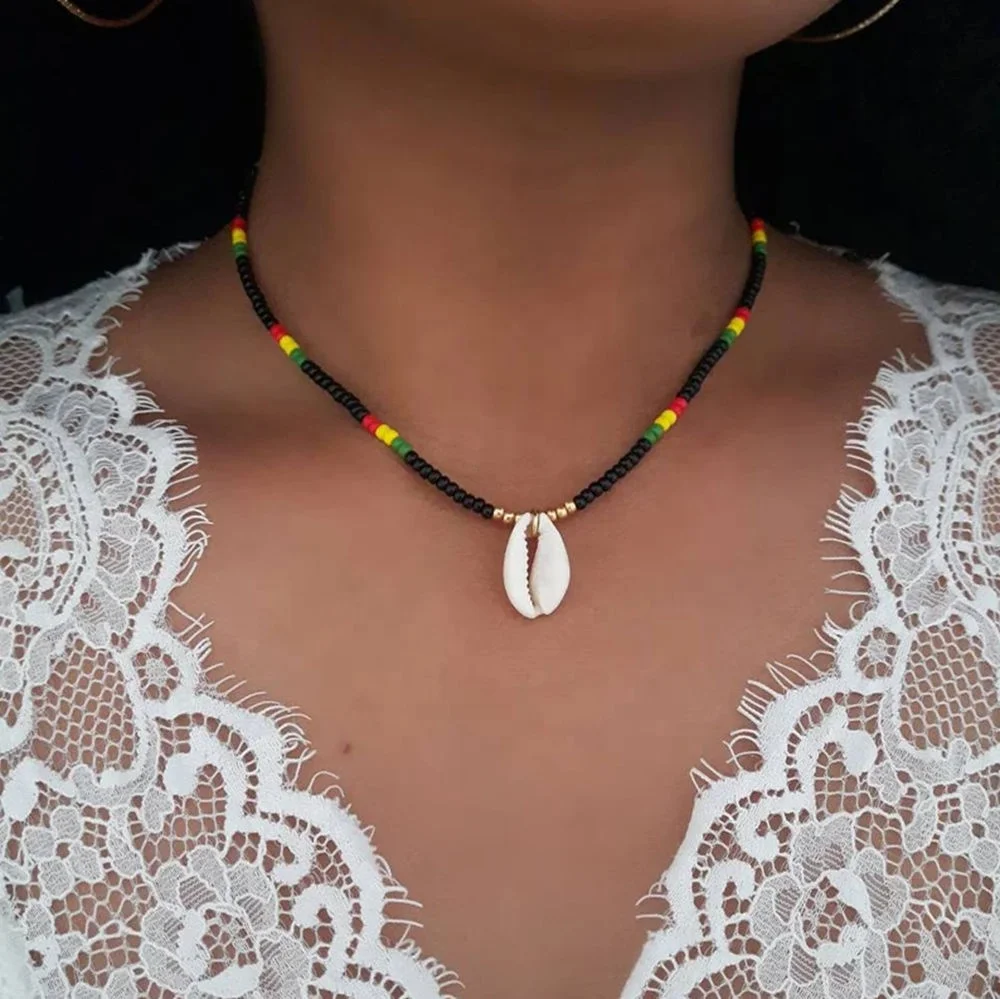 Fashion Bohemian Rainbow Beaded Necklaces Rasta Beaded Necklace Rasta Jewelry Cowrie Shell Choker Cowrie Jewelry Rasta Necklace