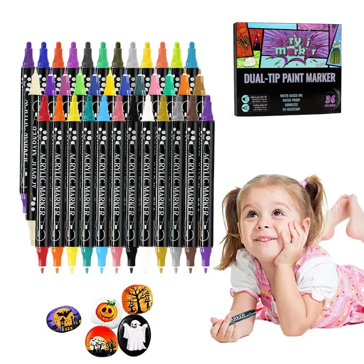 Meihui Acrylic Paint Pens 36 Colors OEM ODM Dual Tip Acrylic Paint Marker for Rock Fabric Wood Glass Egg Painting