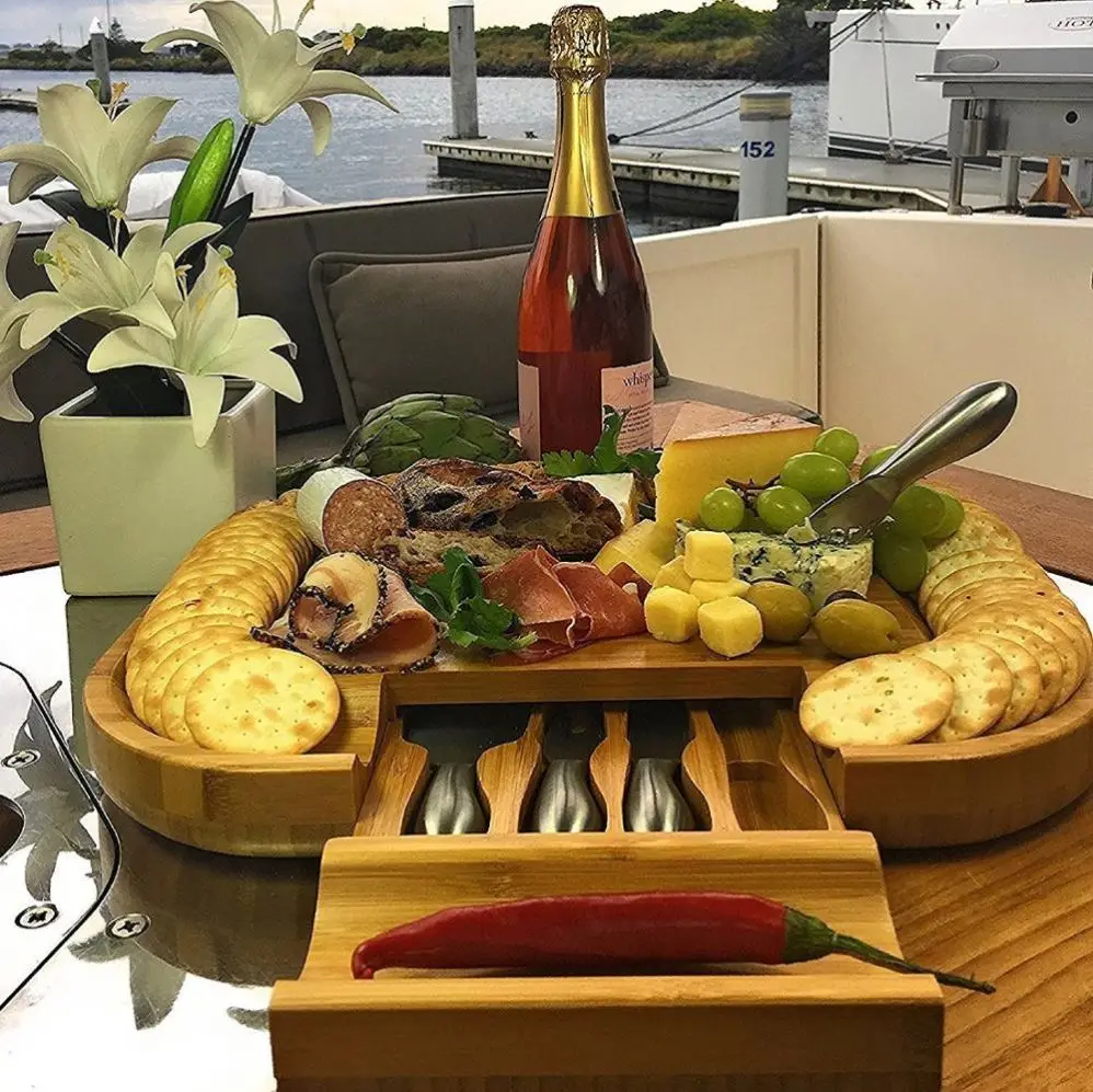 Bamboo Cheese Board With Drawer & 4 Stainless Steel Knives Luxury Set | Deluxe Extra Spaces Serving Slide-Out