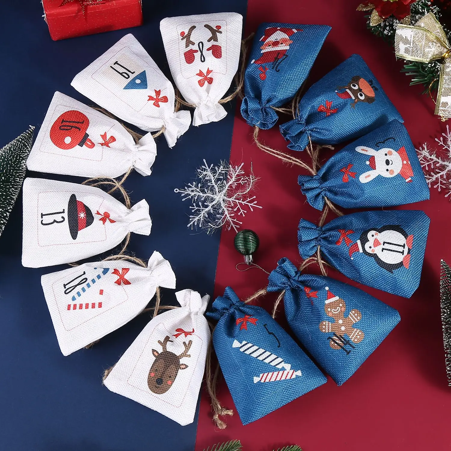 10x15cm Christmas Bag For Gift 24PCS Clips 10 Meter Hemp Rope Different Printing Small Pouches Jute Drawstring Candy Bag