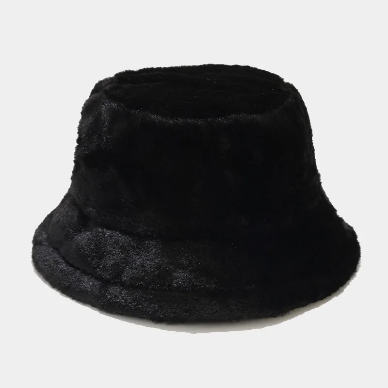 Wholesale Custom Vintage Solid Color Thickened Fuzzy Warm Fisherman Hat Winter Faux Wool Fluffy Plush Bucket Hat