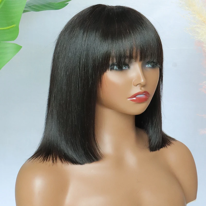 Best Selling Raw Indian Human Hair Wig 200% Density Transparent Lace Closure Bone Straight Glueless Bang Bob Wig