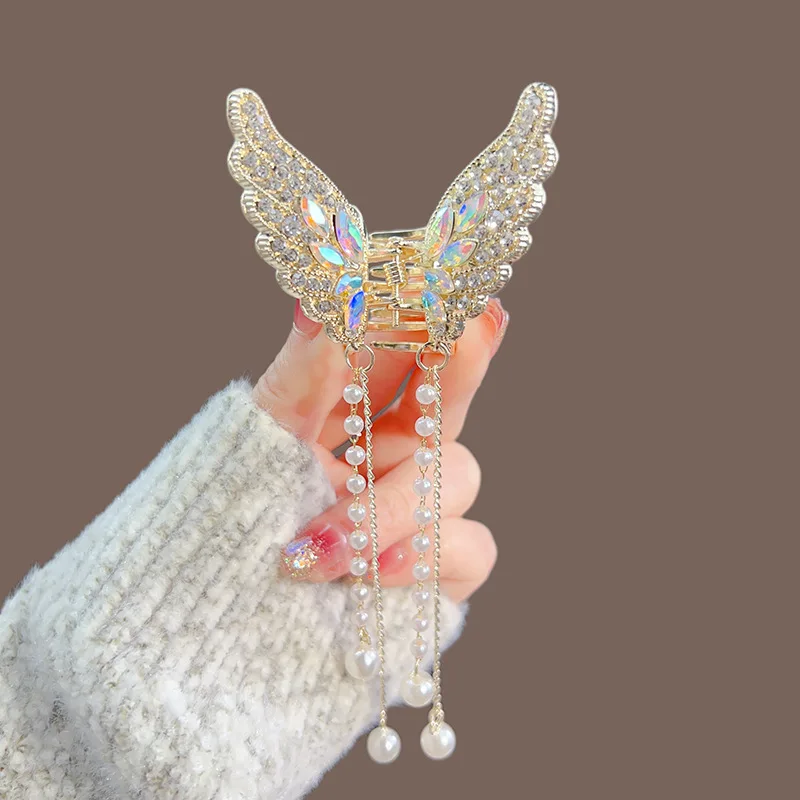Elegant Wispy hollow diamond Pearl flower butterfly fringe claw clip non-slip hair clip styling accessories for thick long hair