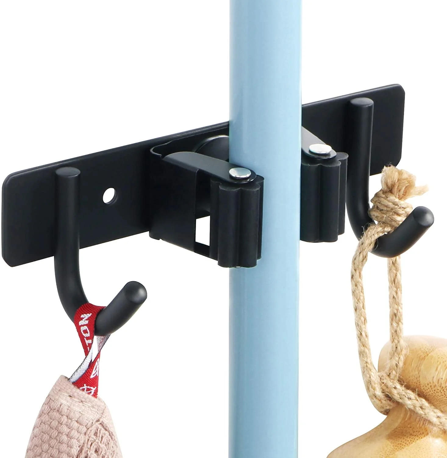 Stainless Steel Broom Mop Holder and Utility Hooks Wall Mount Storage Organizer Garden Tools Hanger with 1 Rack 2 Hooks Black