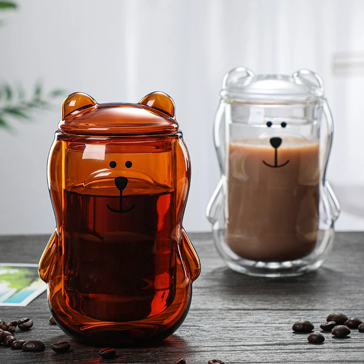 Wholesale Healthy Lovely Bear Cup Double Wall Glass Bear Cup with Glass Lid for Lovers Amber Glass Cups