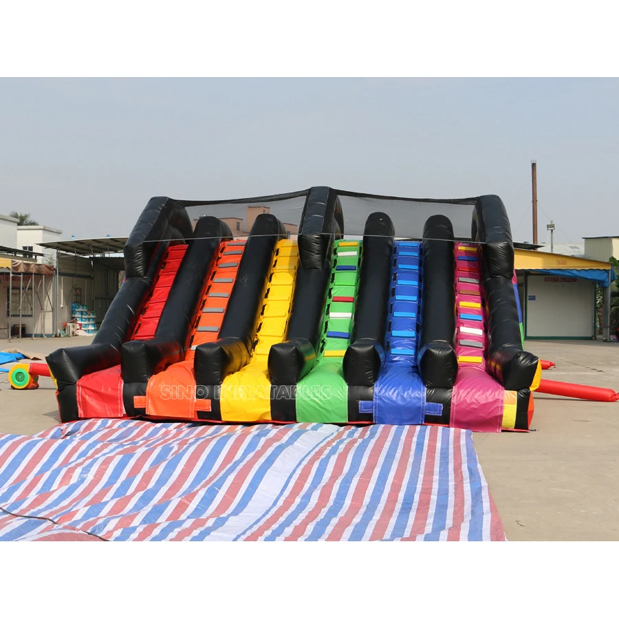 6 lane color run adults inflatable obstacle course with 2 hill slides for outdoor 5K inflatable sports activities