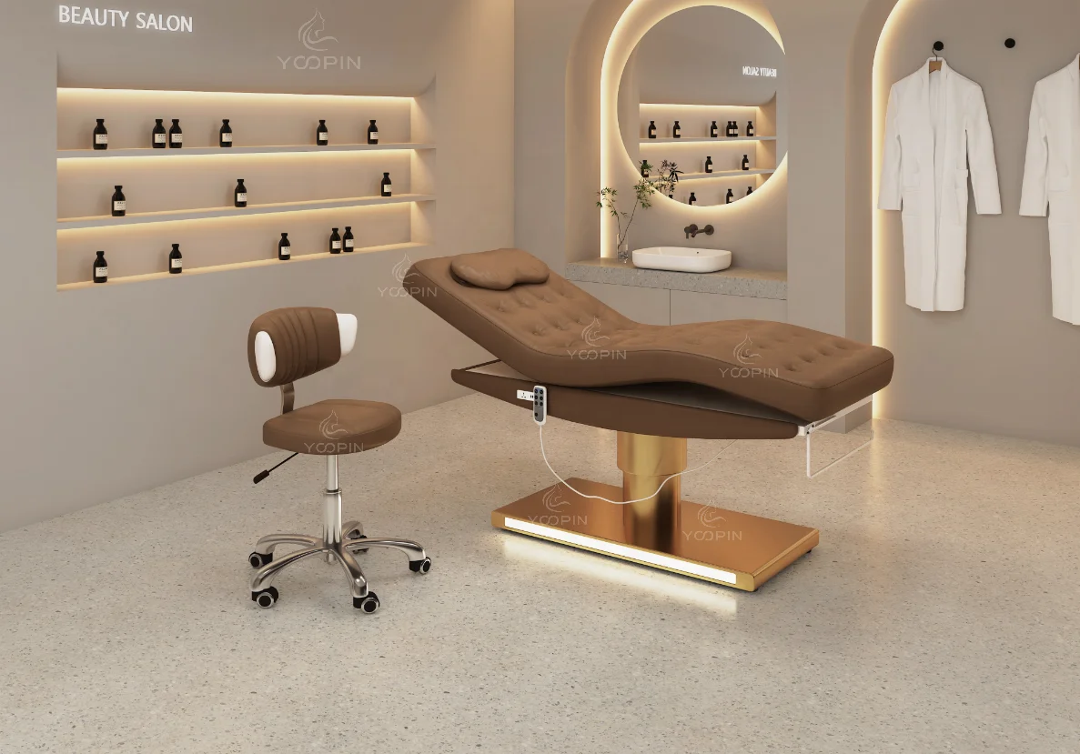 Fengsheng Luxury Massage Bed Beauty Salon Bed Table De Massage Electrique Latest Design Electric Golden Three-Motor Facial Bed