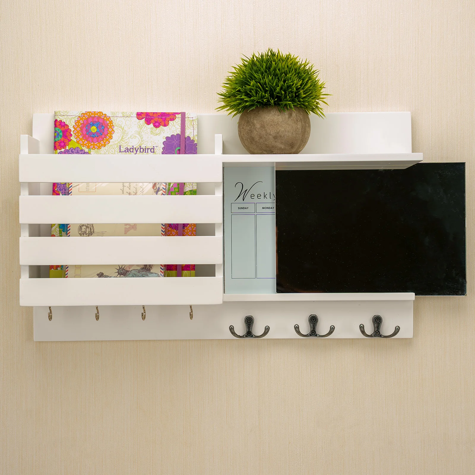 Wall mounted multifunctional wooden organizer with mirror, weekly calendar, and white dry erase board