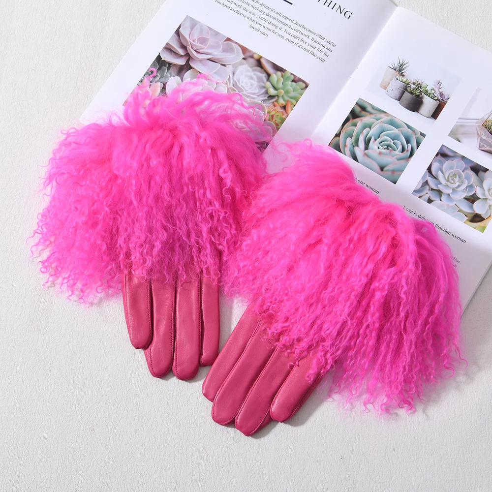 Outdoor Motorcycle Driving Wholesale Windproof Winter Genuine Sheepskin Mittens Real Lamb Fur Cuffs Women Custom Leather Gloves