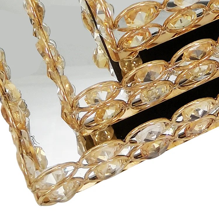 
nodic glass hollow wedding hotel decoration crystal metal square serving Mirror tray 