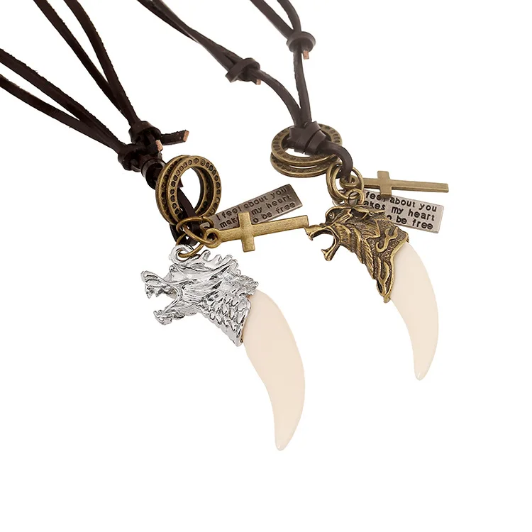 Fashion wolf tooth Symbol leather cord necklace Cheap leather necklace for men