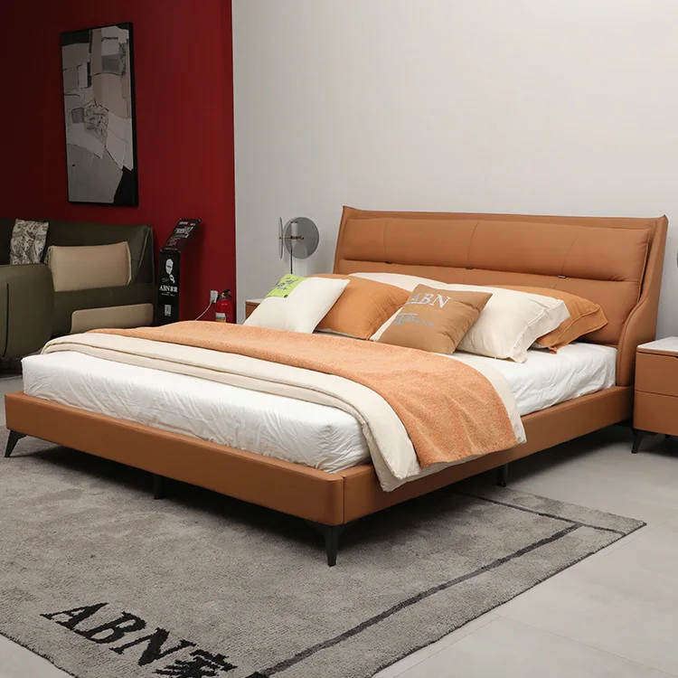 13CM Height Feet Imported Cow Skin King Size Bedding Hotel Up-Holstered Beds With Bedside Table