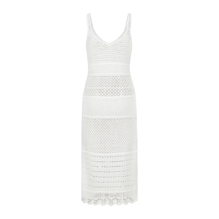 Knitwear Manufacturer Custom Spring Summer White V Neck Sleeveless Elegant Casual Women Knit Sweater Dress