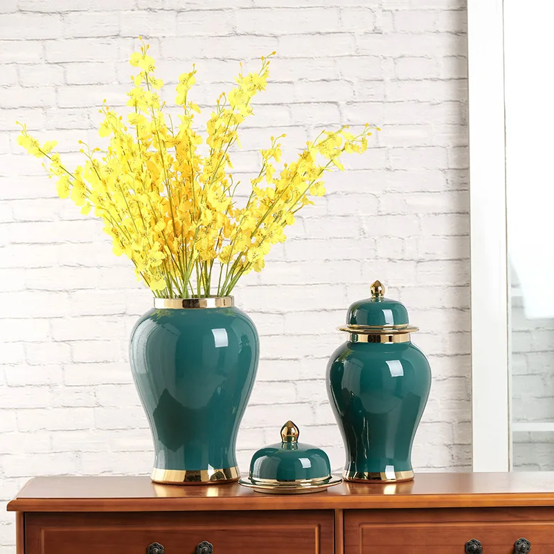 Factory Sell Modern Home Decoration Green Glazed Gold Rim Ceramic Decorative Ginger Jar