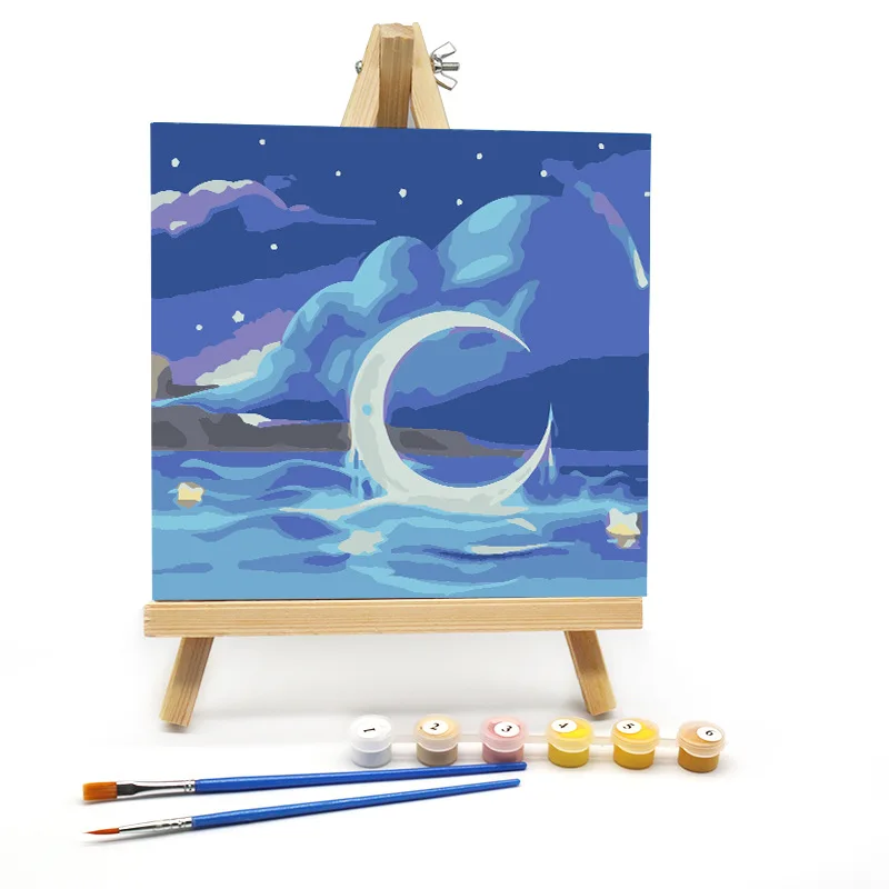 Beautiful Kids Diy Painting Set Night Bright Star Moon Wall Decor Oil Painting By Numbers 20x20 Wirh Frame