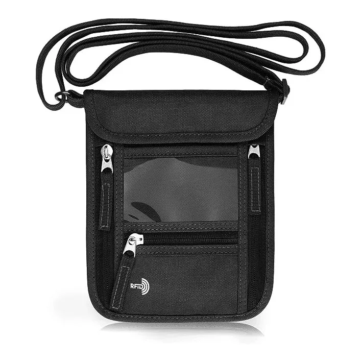 Factory Custom Slim Travel Pouch Stash Card Neck Wallet with RFID Blocking Passport Holder