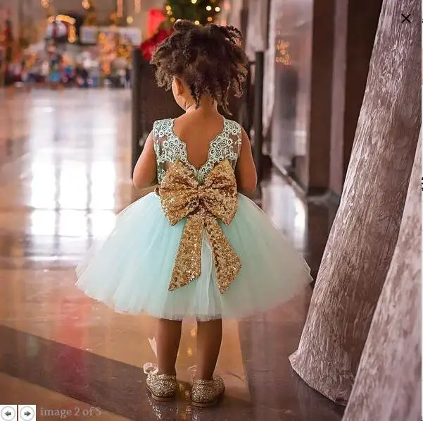 Wholesale Fashion 2018 Golden Big Bow Backless Princess Cute Little Girl kids Party Dress