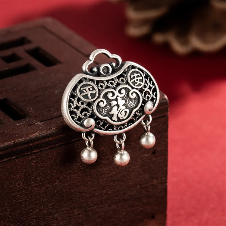 Chinese style s999 full silver vintage make old safety lock pendant Chinese style Fu character hollow flower silk water ripple