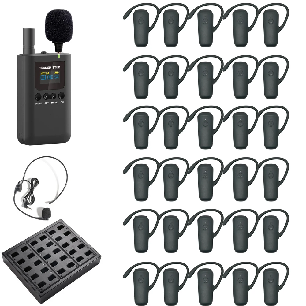 Wirelesslinkx Tour Guide System 1 Transmitter with 2 Microphones, 30 Ear Receivers, 1 Charger for Interpretation Tourism Teach