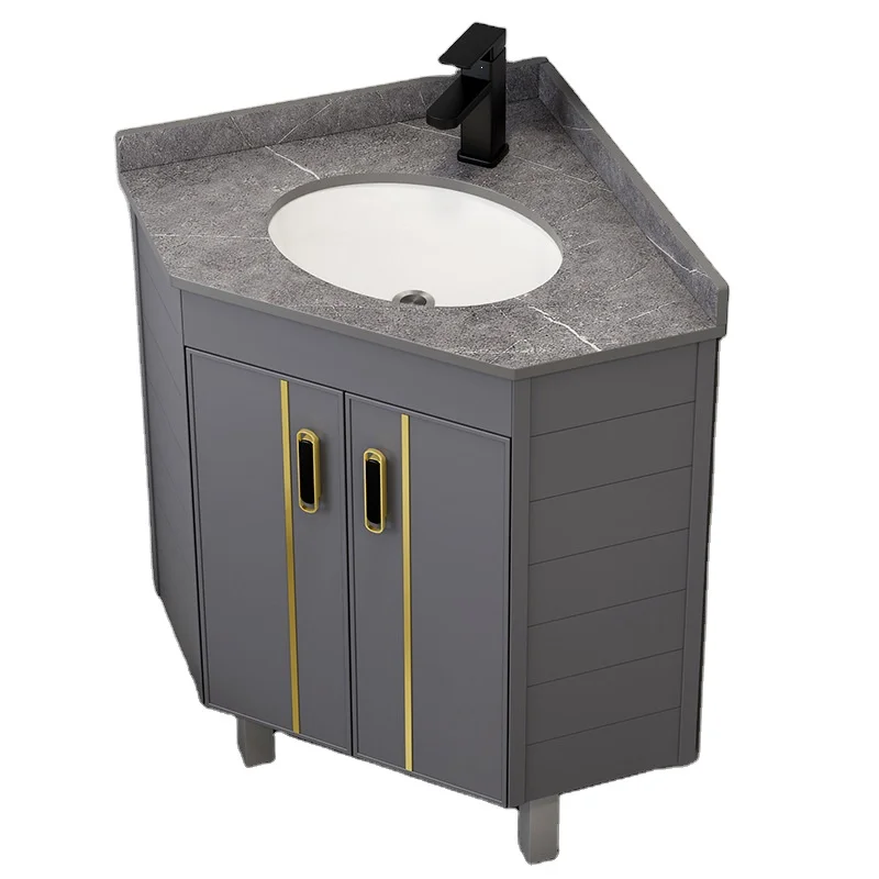 Modern Triangular Floor-Standing Two-Layer Storage Grid Pedestal Basin Sink Cabinet Small Apartment Bathroom Corner Wash Basin