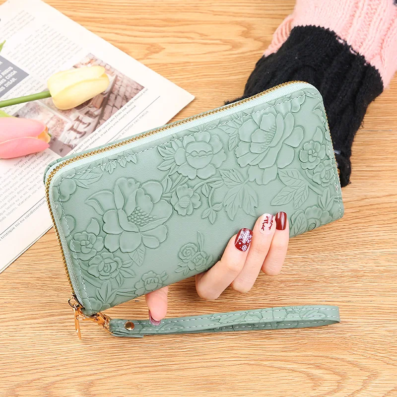 New Ladies Simple Wallet with Long Zipper Clutch Bag Cross-Border Embossed Mobile Phone and Banknote Clip Waterproof