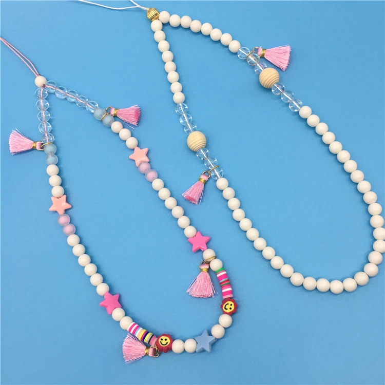 44CM Wrist Strap Acrylic Polymer Clay Beads Keychain Beaded Phone Lanyard short straps
