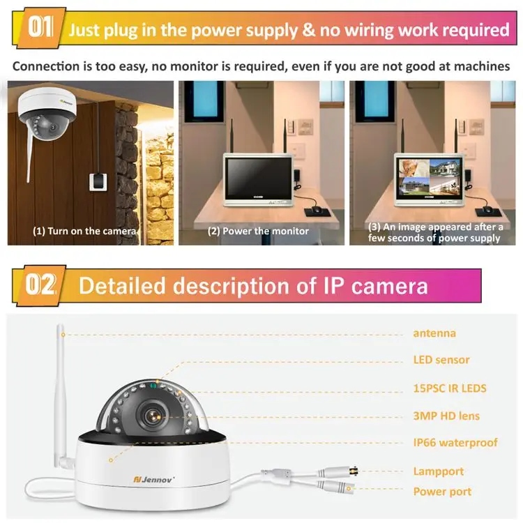 3MP home security camera system CCTV video surveillance kit 4-channel LCD display NVR kit Onvif outdoor WiFi camera