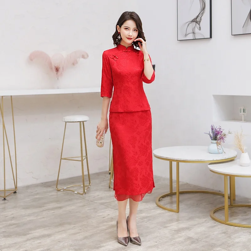 
Chinese Traditional Tang Cheongsam bride two piece set Red Qipao wedding party Dress For Women 
