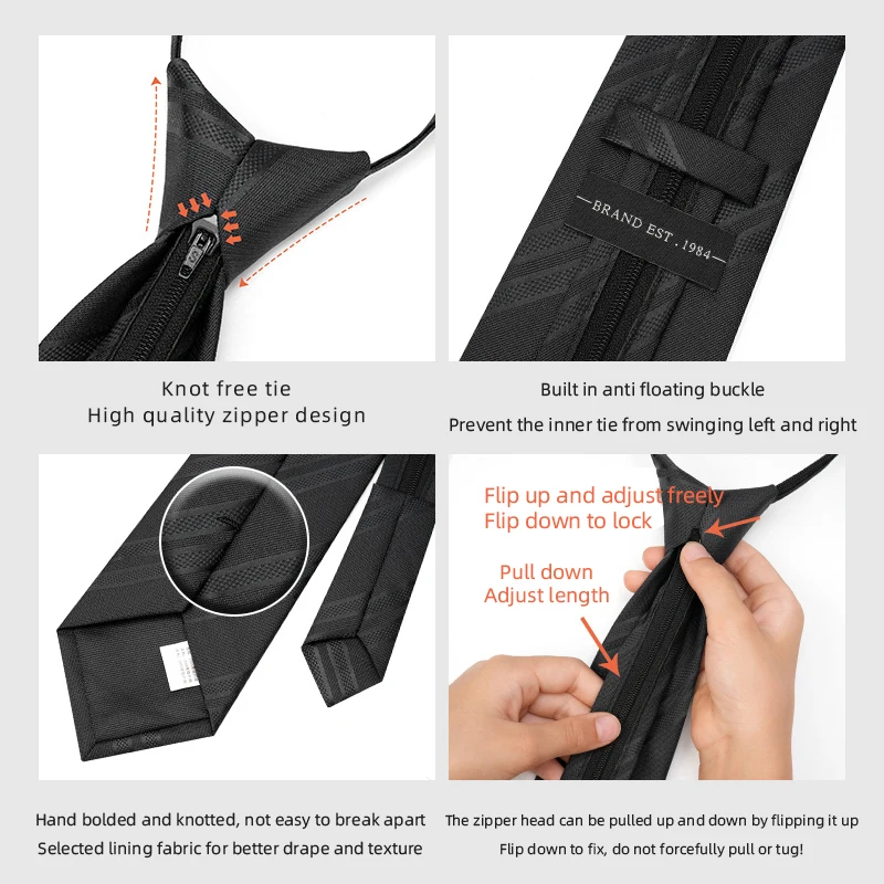 8CM Popular Modern Black Woven Lazy Zipper Ties for Uniform Suit Business