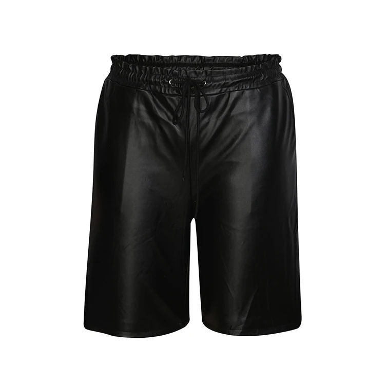 Streetwear faux leather shorts custom logo drawstring waist black color casual shorts for men