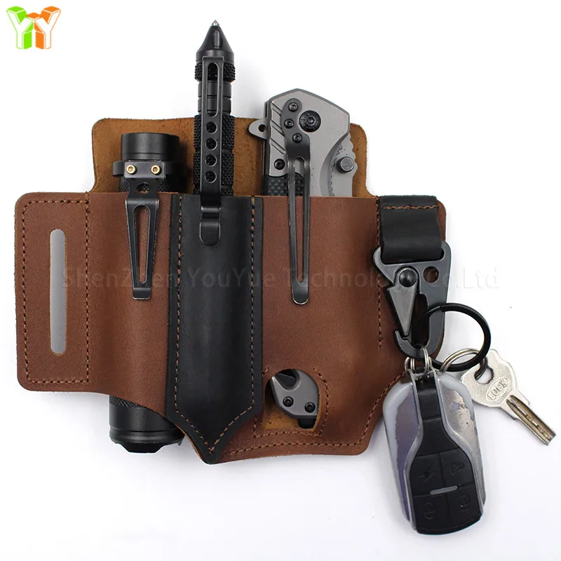 Stocked EDC Leather Sheath Cover Belt Sheath Pocket Organizer Flashlight Tools with Eagle Hook for Leatherman