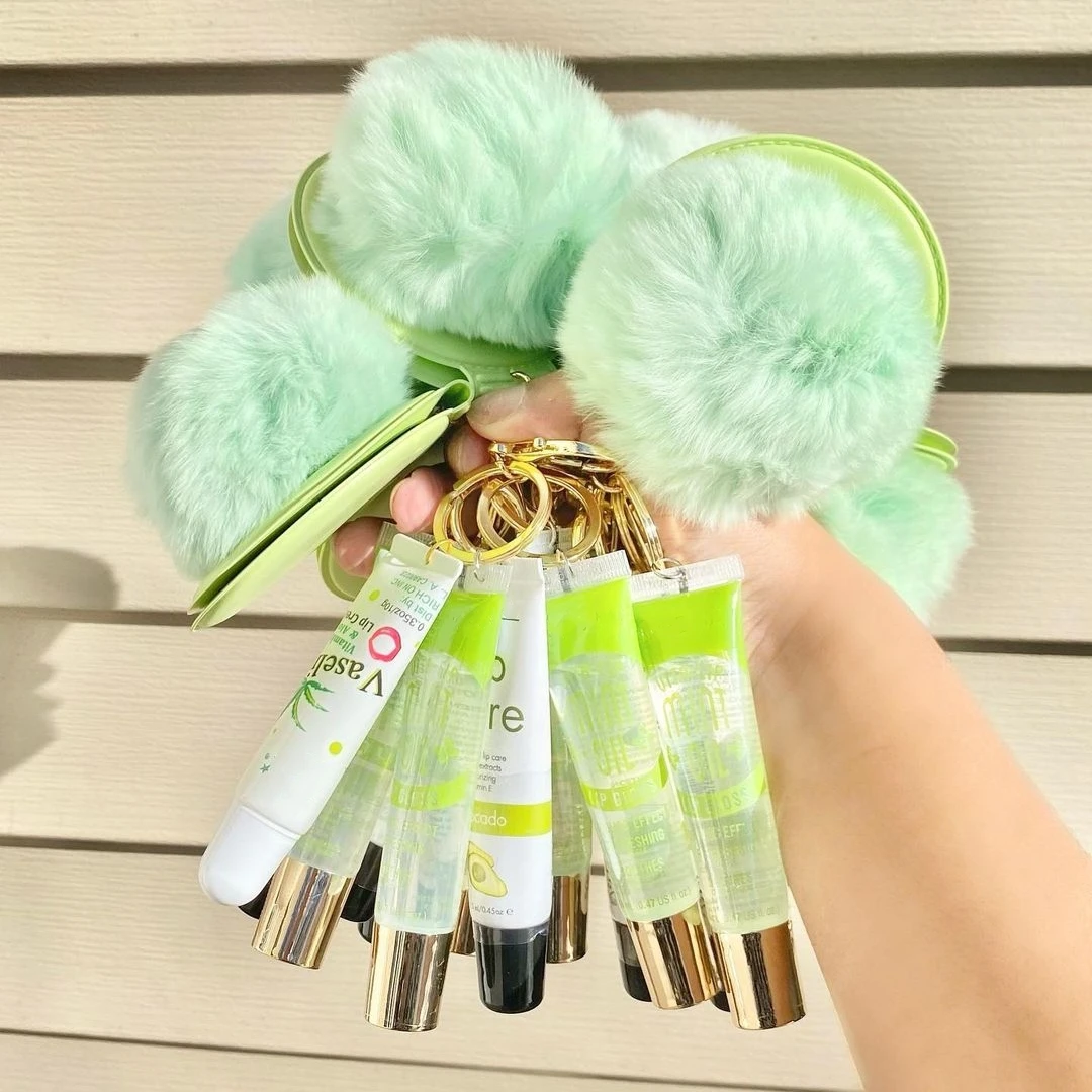  Lipgloss Base Private Label Clear Custom Key Chain Vegan Glitter Wholesale Natural Shimmer Pompoms Fruit Lip
