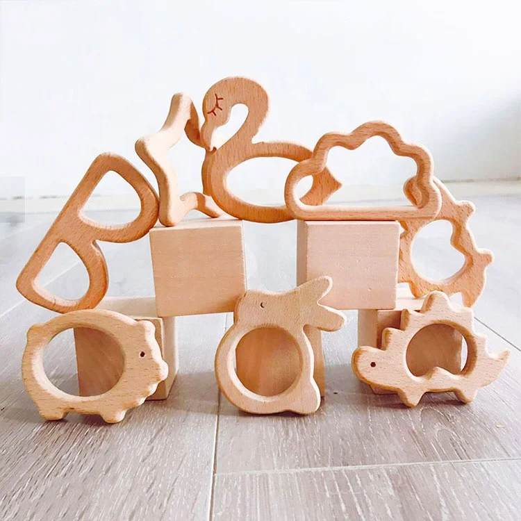 INS Baby Teething Toys Animal Pig Rodent Flamingo Beech Bracelet Pacifier Pendant Wooden Teether