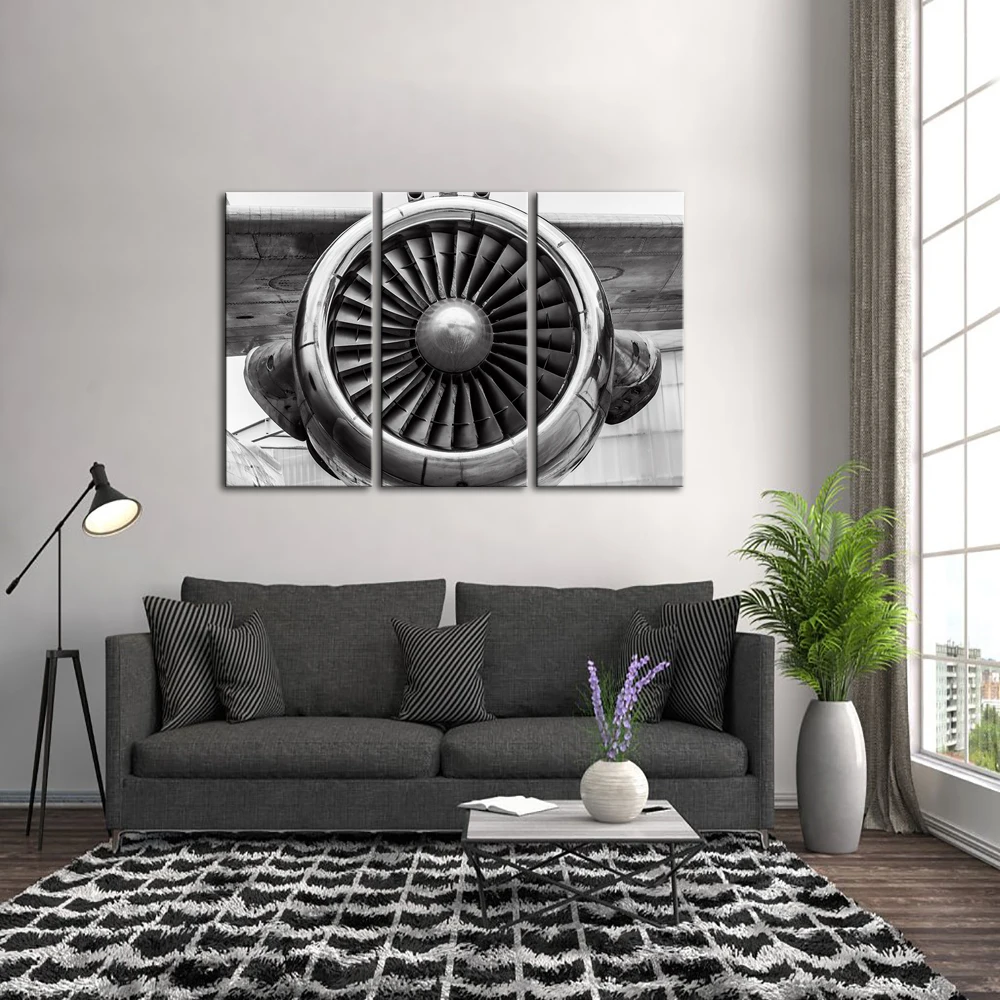 3 Pieces Retro Canvas Wall Art Propeller Aircraft Engine Painting Prints Engineering Closeup Vintage Airplane Picture