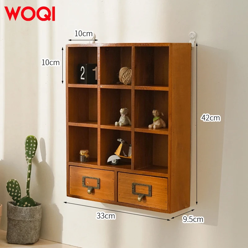 WOQI Vintage Solid Wood Display Shelves with 2 Drawers Wall Mounted/ Tabletop Suitable for All Kinds of Scenes