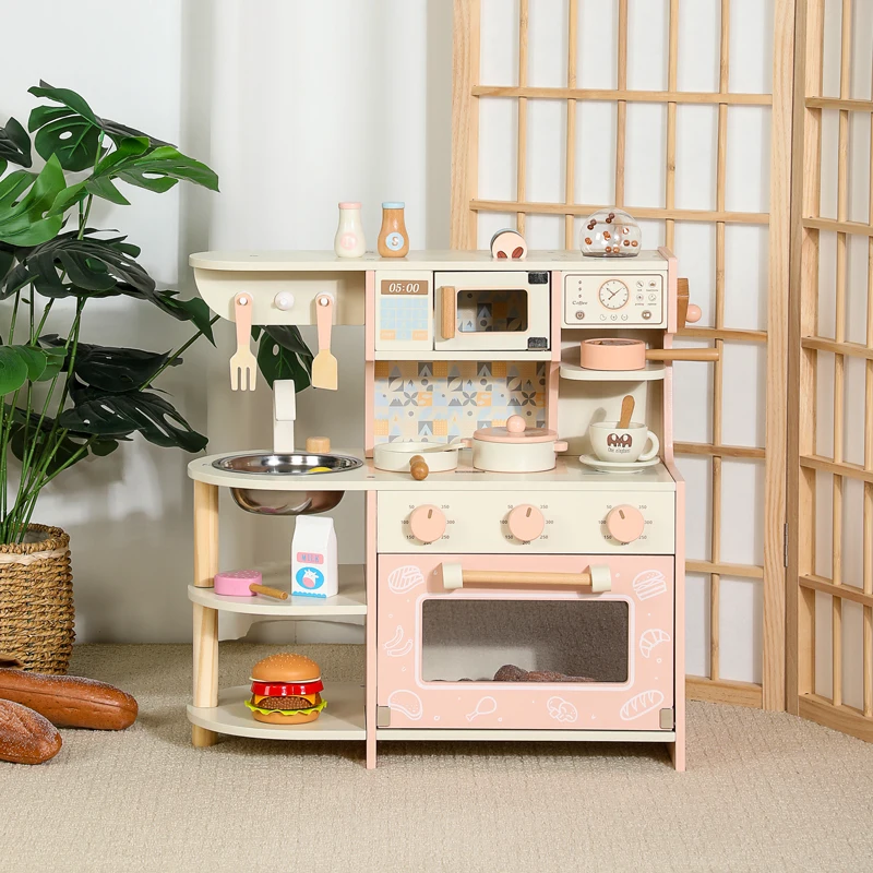 Cute Pink Wooden Kids Play Kitchen Play Set Chef Pretend Play Set With Coffee Machine Oven Microwave Oven Cookware Accessories