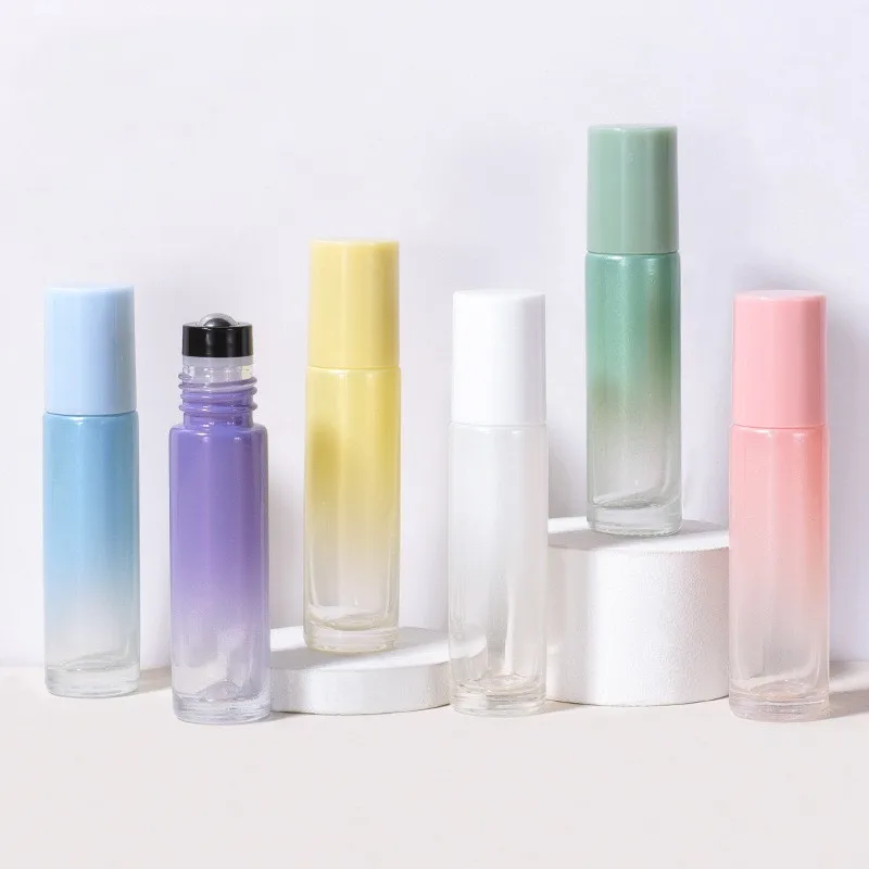 Luxury 5ml 10ml Gradient Colored glass pearl glossy essential oil roll on refillable perfume bottle
