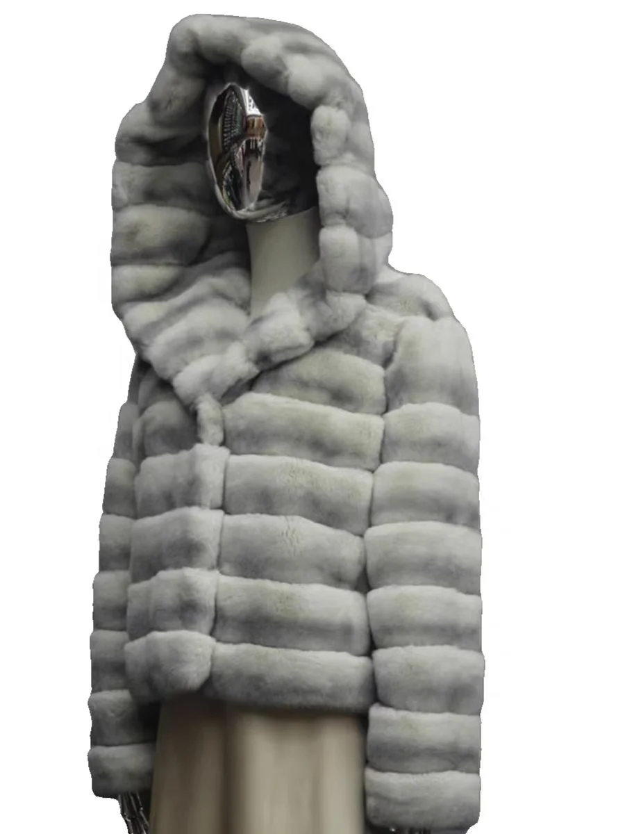 Russia  Style   Rex    Chinchilla  fur  coat  dyed  Color   Winter fur  coat    Women Warm   fur  coat