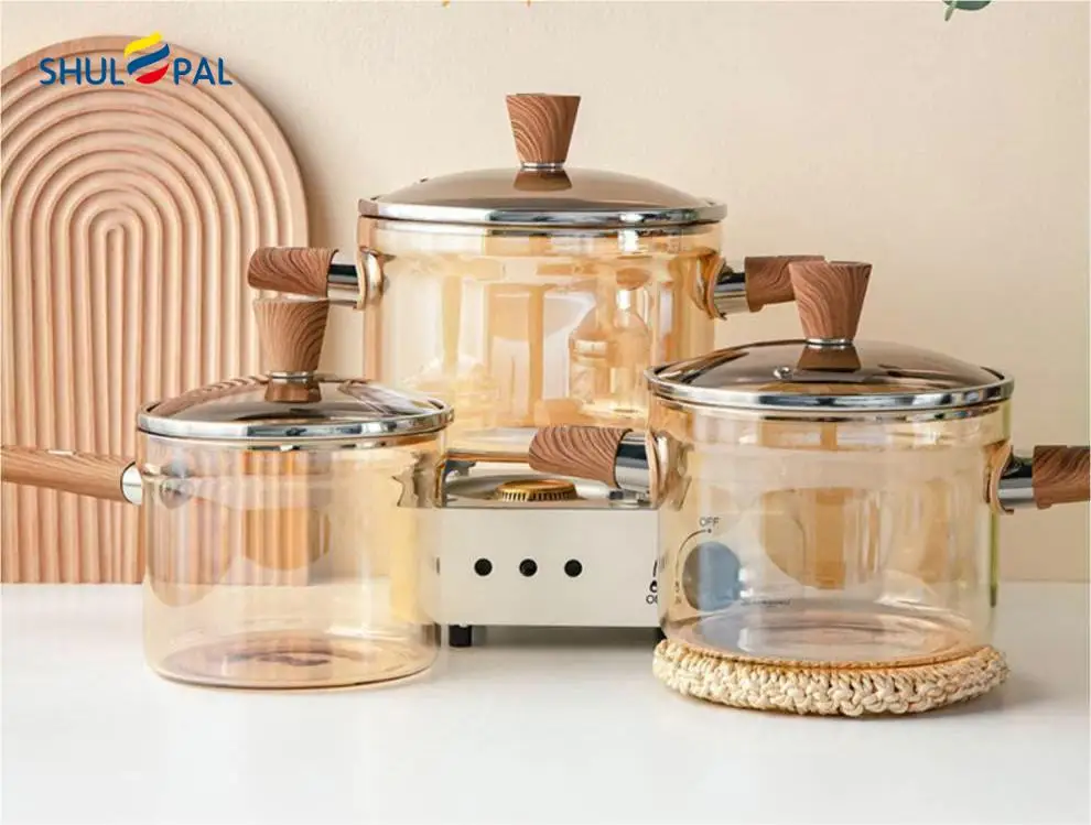High Borosilicate Glass Kitchen cookware Clear Glass Cooking Pot with wooden Handle for one person