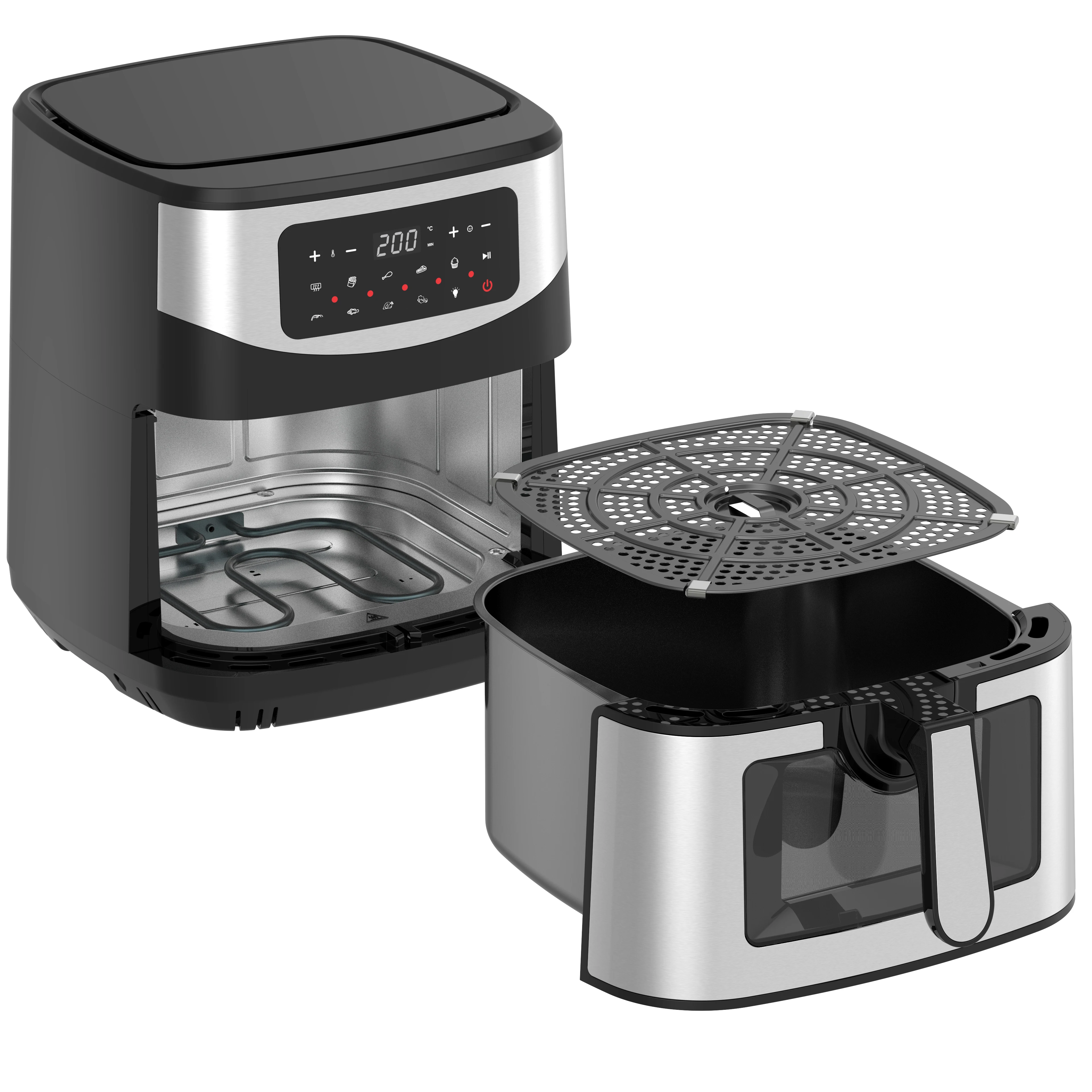 JEWIN 7L 8L 9L Digital Stainless Steel Air Fryer Family Size Double Heater with Bottom Heating Pipe