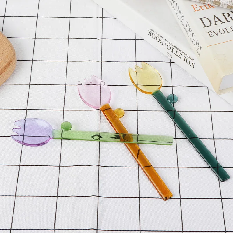 Custom Colorful Borosilicate glass spoon Yogurt Green Pink Reusable ice cream spoon long handle stirring coffee spoon dessert