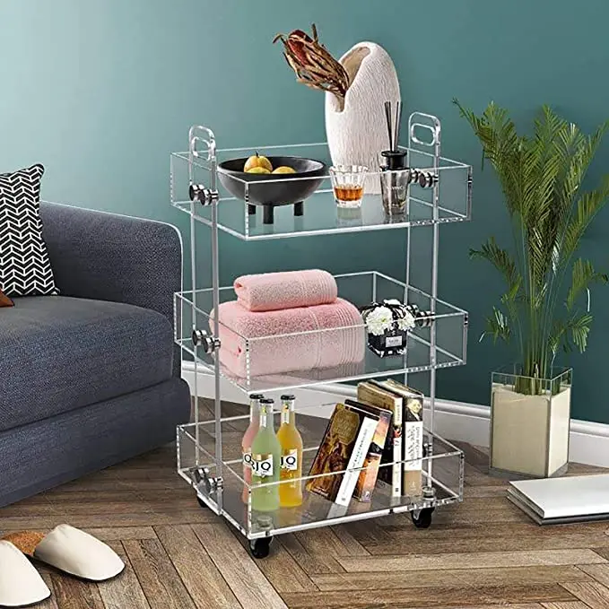 Acrylic 3-Tier Bar Cart with Wheels Sofa Side Table Acrylic Bedside Table with Wheels Clear Storage Rolling cart Table Storage