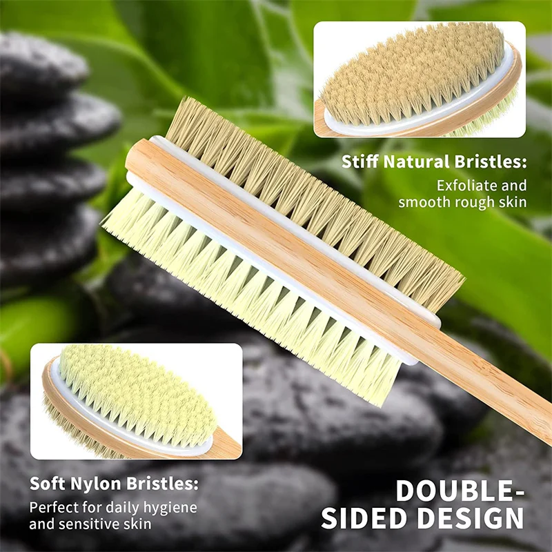 Bamboo Body Brush with Stiff and Soft Natural Bristles, Back Bath Brush for Shower with Long Handle, Dual-sided Brush Head