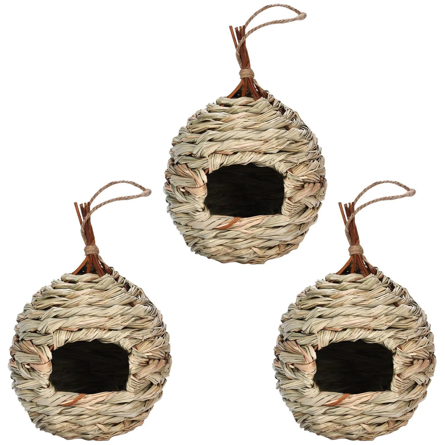 Amazon Hot Sale 3 Packs Hanging Natural Reed Hand Woven Grass Hideaway Finch Canary Chickadee Woven Bird Nest