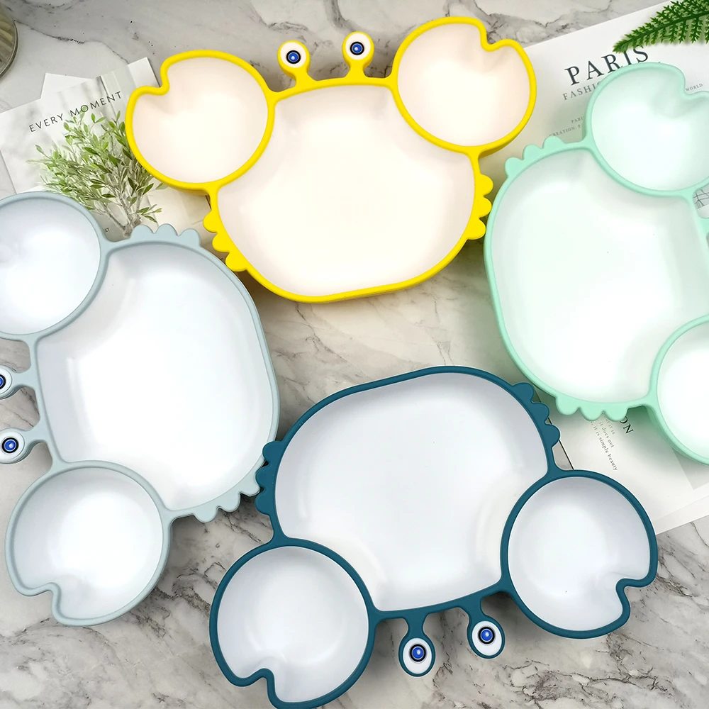Eco-friendly Crab Shape Silicone Suction Plate For Toddlers Anti -Slip Baby Feeding Suction Bowl Plate Oven Safe Infants