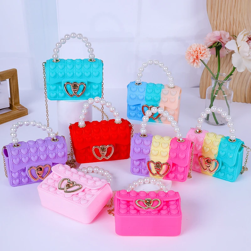 Hot Selling Child Crossbody Pearl Handbag Sling Purse Silicone Love Button Bubble Pop Jelly Bag Fifget Pop Itting Toys for Kids
