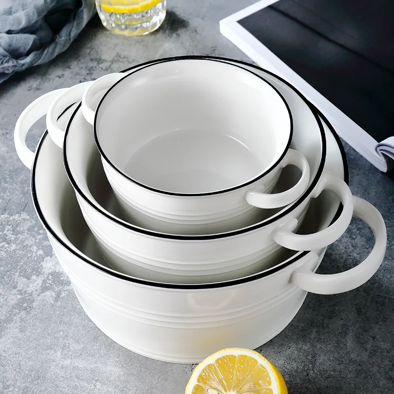 Nordic ceramic two-ear bowl simple black edge tableware household soup noodle bowl baking utensils wholesale custom