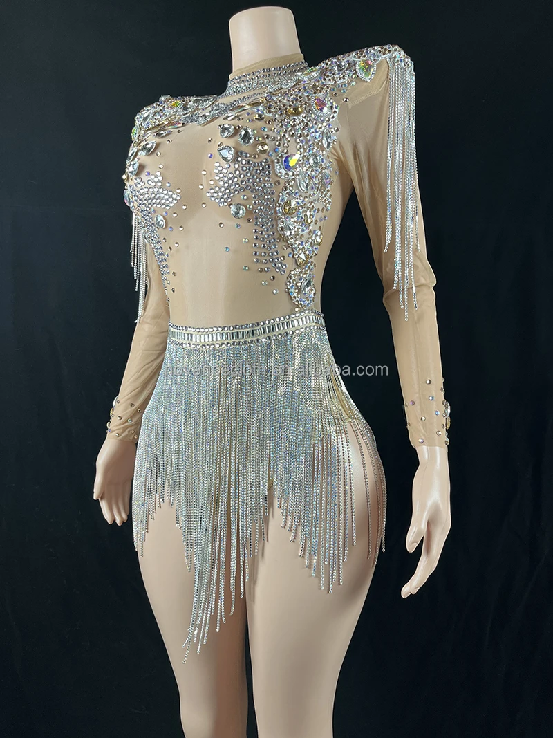 Manufacturer Womens Apparel Sexy See Through Tassel Rhinestone Bodysuits Dress Jewerled Bling Jumpsuit Traje Danza Del Vientre