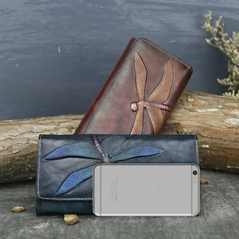
2021 New Arrivals Manual Retro Long Woman Wallets Bifold Wallet Leather Genuine Cow Leather Female Purse Ethnic Style Clutch Bag 